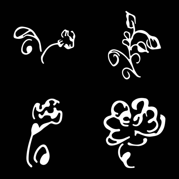 Flowers and branches hand drawn doodle collection isolated on black background. 4 floral graphic elements. Big vector set. Outline collection - Wektor, obraz