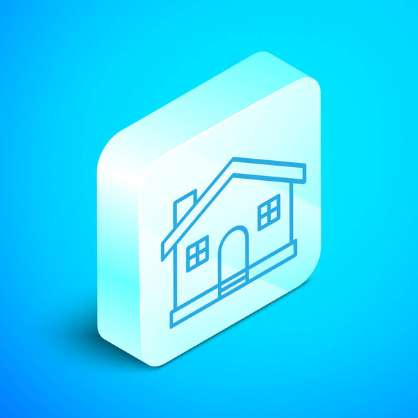 Isometric line House icon isolated on blue background. Home symbol. Silver square button. Vector Illustration - Vector, Image