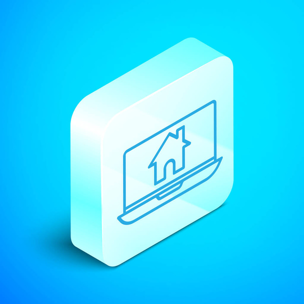 Isometric line Laptop and smart home icon isolated on blue background. Remote control. Silver square button. Vector Illustration - ベクター画像