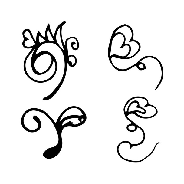 Virágok és a szív kézzel rajzolt doodle gyűjtemény elszigetelt fehér háttér. 4 virágos grafikai elem. Nagy vektor beállítva. Vázlatgyűjtés - Vektor, kép