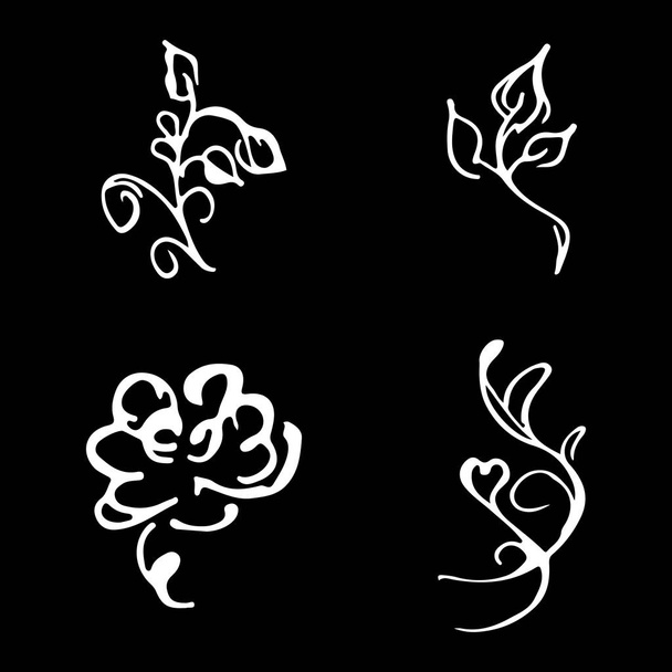 Flowers and branches hand drawn doodle collection isolated on black background. 4 floral graphic elements. Big vector set. Outline collection - Vektor, obrázek