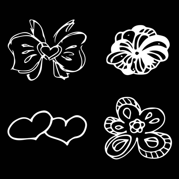Flowers and hearts hand drawn doodle collection isolated on black background. 4 floral graphic elements. Big vector set. Outline collection - Vector, imagen