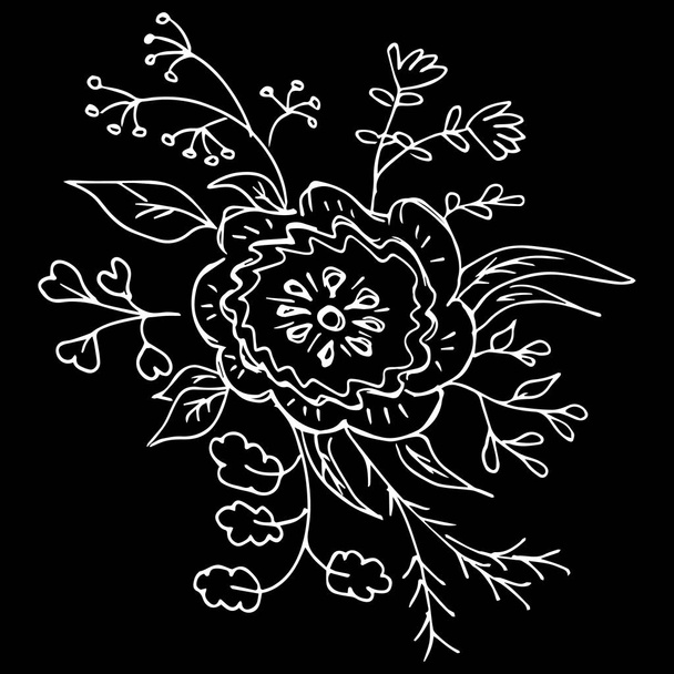 Streszczenie dzikich kwiatów odizolowanych na czarnym tle. Ręcznie rysowany wektor ilustracji. Zarys sytuacji - Wektor, obraz