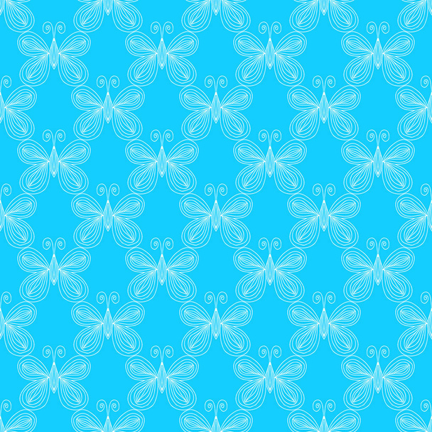 Seamless pattern of butterflies isolated on blue background. Hand drawn vector illustration. Outline - Vector, Image