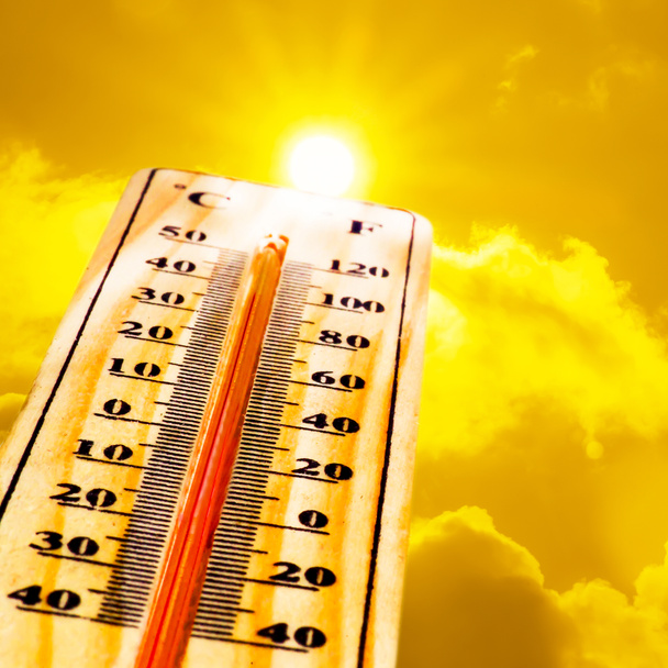 Ilustração da mudança climática, termômetro em um fundo de t
 - Foto, Imagem
