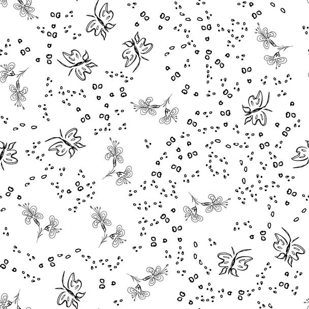 Butterfly seamless outline vector in line art style on white background. Line art butterfly. Cartoon animals, flowers and dots. Simple design seamless pattern. Exotic wallpaper. Abstract pattern - Vector, Image