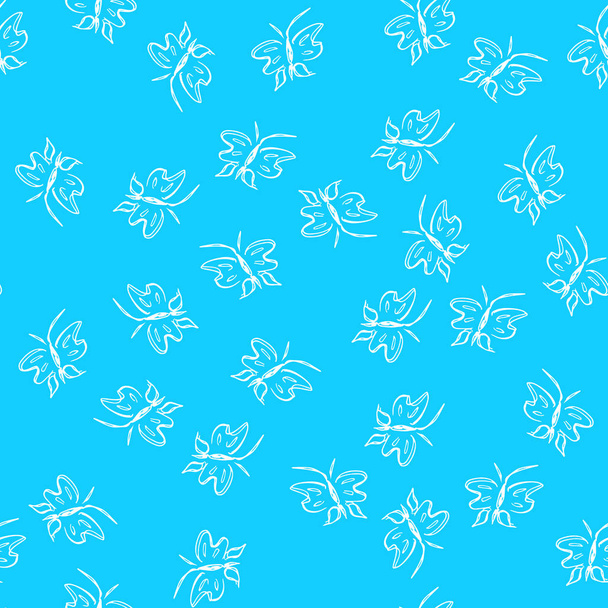 Butterfly seamless outline vector in line art style on blue background. Line art butterfly. Cartoon animals. Simple design seamless pattern. Exotic wallpaper. Abstract pattern - Vector, Imagen