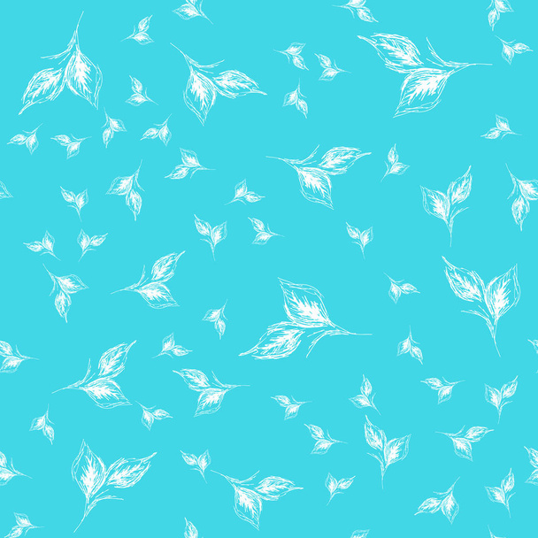Outline doodle seamless leaves in line art style on blue background. Outline floral seamless pattern. Cute simple design. Hand drawn style pattern. Vector illustration art - Vector, Image
