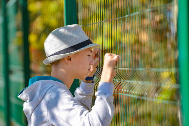 グレーの帽子をかぶった男が金属製のフェンスのネットにしがみついて中を見る. - 写真・画像