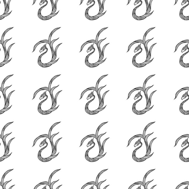 Seamless pattern of hand drawn vector dragon isolated on white background. Fantastic dragon icon. Freehand seamless silhouette of mythology aminal. Fantasy outline illustration - Vetor, Imagem