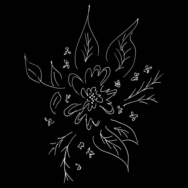 Abstract wildflowers isolated on black background. Hand Drawn vector illustration. Outline icon - Διάνυσμα, εικόνα