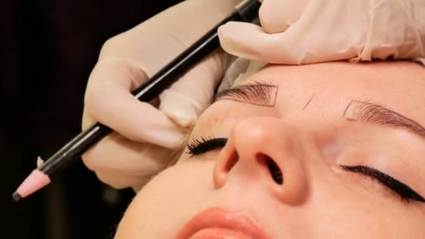 美容師は彼の患者に眉を修正します。特殊な鉛筆で眉の輪郭をマーク - 映像、動画