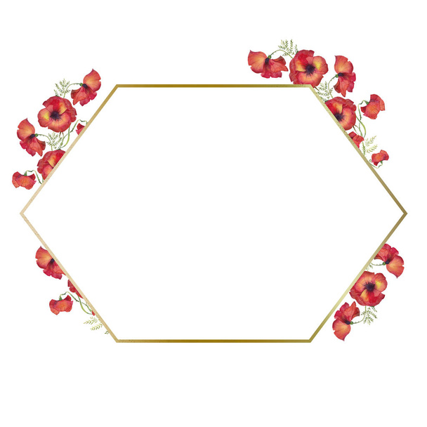 polygonal golden frame with watercolor flowers of red poppies. illustration on a white background . - 写真・画像