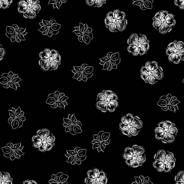 Seamless hand drawn pattern of abstract rose flowers isolated on black background. Vector floral illustration. Outline floral seamless pattern. Outline - Vector, Imagen