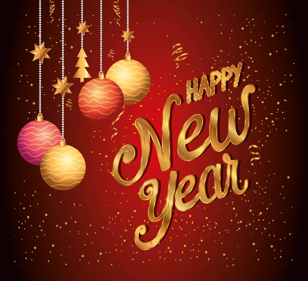 cartel de feliz año nuevo con bolas colgando
 - Vector, imagen