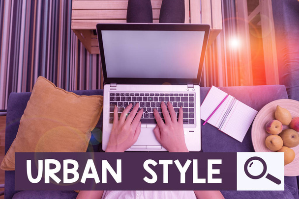 Text sign showing Urban Style. Conceptual photo fashion that have emerged from the grassroots streetwear woman laptop computer office supplies technological devices inside home. - Photo, Image