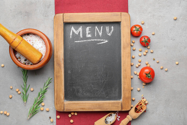 Blank menu and products on grey background - Foto, Imagem