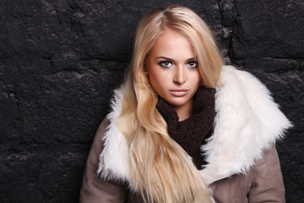 schöne blonde Frau in einem Pelz in der Nähe Ziegelmauer. Winter - Foto, Bild