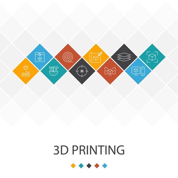 3D εκτύπωση μοντέρνα Ui πρότυπο infographics έννοια. εκτυπωτής, νήμα, προτυποποίηση, εικονίδια προετοιμασίας μοντέλου - Διάνυσμα, εικόνα