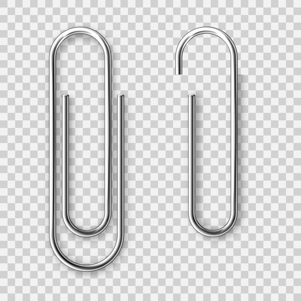 Realistic metal paper clip isolated on transparent background. Page holder, binder. Vector illustration. - Vector, Image