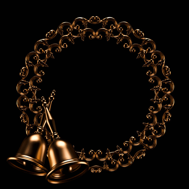 Beautiful metal vintage frame with Christmas bell isolated on black background. 3d illustration, 3d rendering. - Φωτογραφία, εικόνα