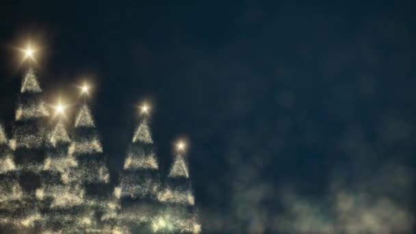 輝くライト黄金のクリスマスツリーフォレストカードメリークリスマスとハッピーニューイヤーグリーティングメッセージ青の背景に、雪のフレーク。エレガントなアニメーションホリデーシーズンソーシャルポストデジタルクリスマスカード - 映像、動画