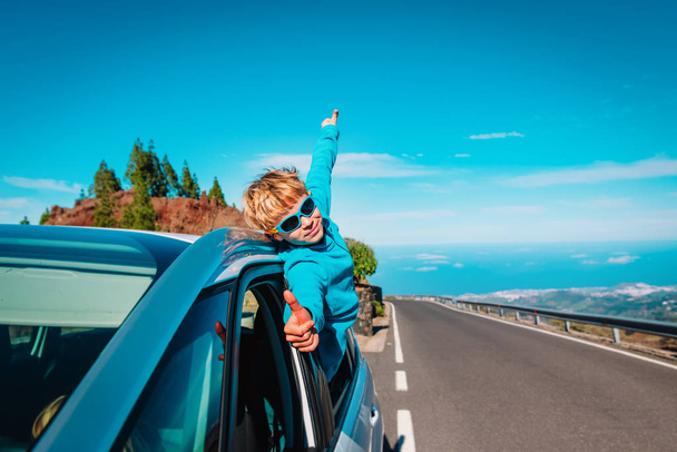 happy little boy enjoy travel by car on road in nature - Photo, Image