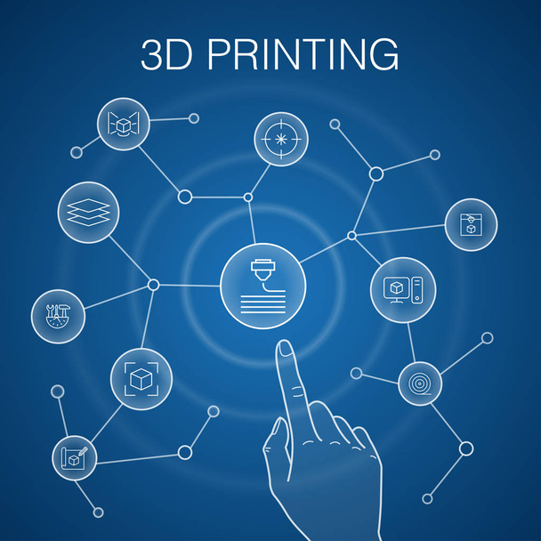 3d impressão conceito, fundo azul. impressora, filamento, prototipagem, ícones de preparação de modelo
 - Vetor, Imagem