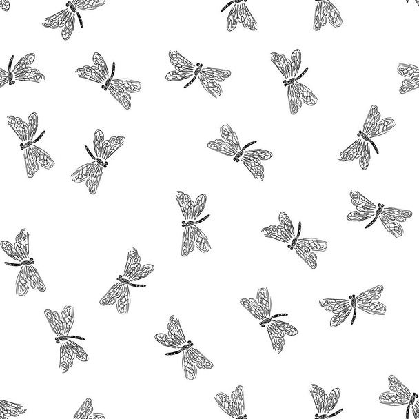 Libelle naadloze handomtrek. Patroon met libelle naadloze handomtrek geïsoleerd op witte achtergrond - Vector, afbeelding