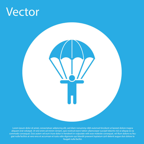 Blue Parachute and silhouette person icon isolated on blue background. White circle button. Vector Illustration - Vector, Image