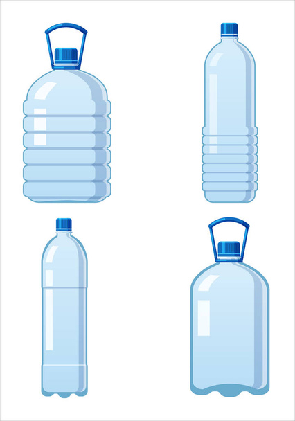Набір пластикових пляшок води значок порожній рідкий контейнер напій з гвинтовою кришкою для напоїв питної мінеральної води. Шаблон макетів, ілюстрація в стилі векторного мультфільму ізольовано на білому тлі
 - Вектор, зображення