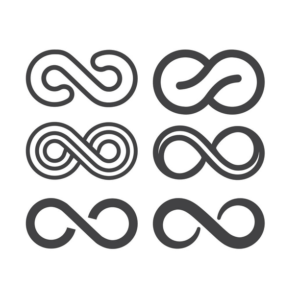 Oneindigheidsymbool. Vector logo 's ingesteld. Zwarte contouren van verschillende vormen, dikte en stijl geïsoleerd op wit. Symbool van herhaling en onbeperkte cyclische activiteit - Vector, afbeelding