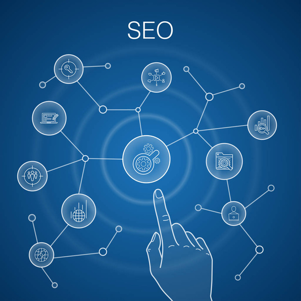 SEO concept, blue background. Search engine, Target keywords, Web analytics, SEO monitoring icons - Vector, Imagen