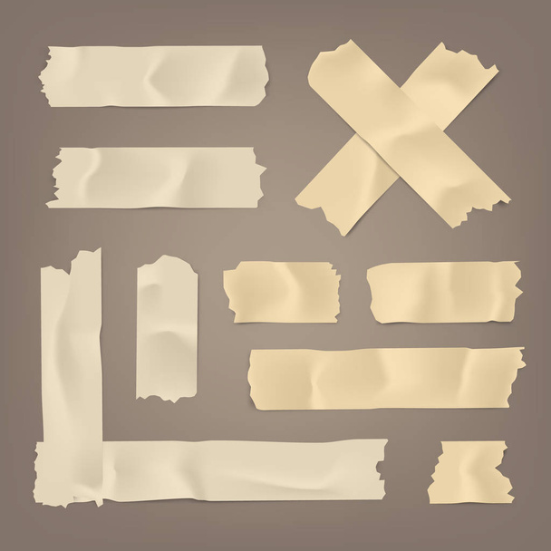 Realistic adhesive tape set. Sticky scotch, duct paper strips on brown background. Vector illustration. - Vector, Image