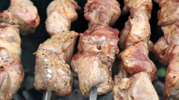 Barbecue. Gerookt vlees wordt op de grill gegrild. Het vlees wordt in brand gekookt. Roosteren van vlees op kolen. - Video