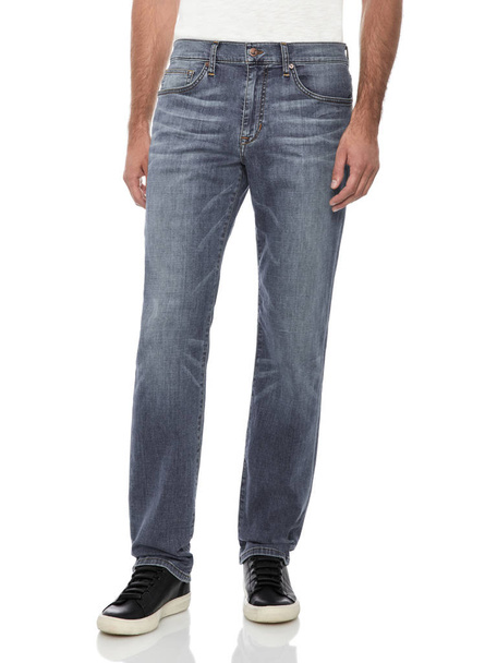 Regularne męskie spodnie stretchable Dark Blue Slim Fit z białym tłem - Zdjęcie, obraz