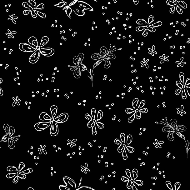 Butterfly seamless outline vector in line art style on black background. Line art butterfly. Cartoon animals, flowers and dots. Simple design seamless pattern. Exotic wallpaper. Abstract pattern - Вектор, зображення