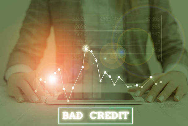 Kötü Kredi 'yi gösteren mesaj işareti. Bir şirketin borçlarını zamanında ödeyememesi kavramsal fotoğraf yetersizliği. - Fotoğraf, Görsel