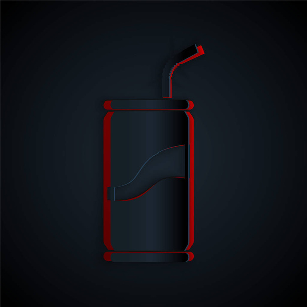 Paper cut Soda can with drinking straw icon isolated on black background. Paper art style. Vector Illustration - Vector, Image