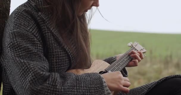 Widok z boku kobieta gra ukulele na zewnątrz zamknąć zieloną przyrodę tło powolny ruch. Długowłosa dziewczyna trzymająca małą hawajską gitarę w ciepłych ubraniach z północnych krajów. Instrumenty muzyczne - Materiał filmowy, wideo