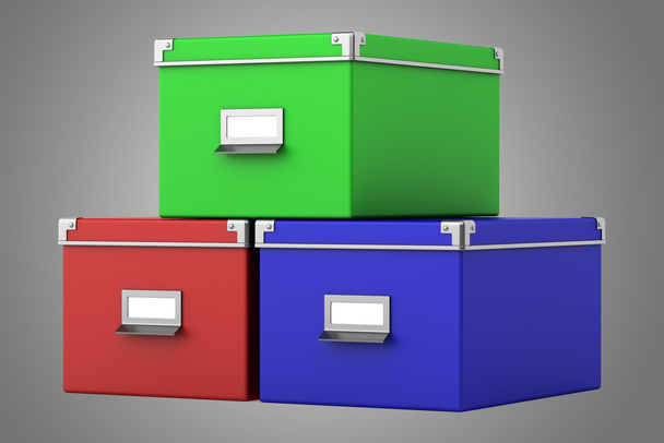 three color office cardboard boxes isolated on gray background - Φωτογραφία, εικόνα