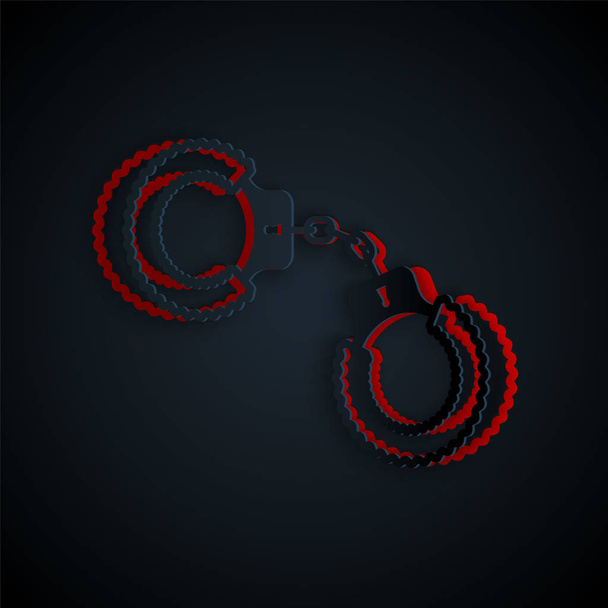Paper cut Sexy fluffy handcuffs icon isolated on black background. Handcuffs with fur. Fetish accessory. Sex shop stuff for sadist and masochist. Paper art style. Vector Illustration - Vector, Image
