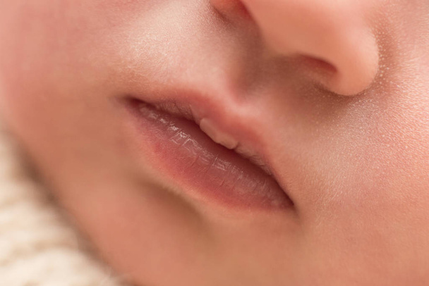 Russia, Moscow 2019. lips of a newborn baby, mouth closeup - Zdjęcie, obraz