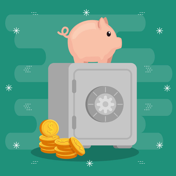 strongbox with piggy bank and coins - Vector, Image