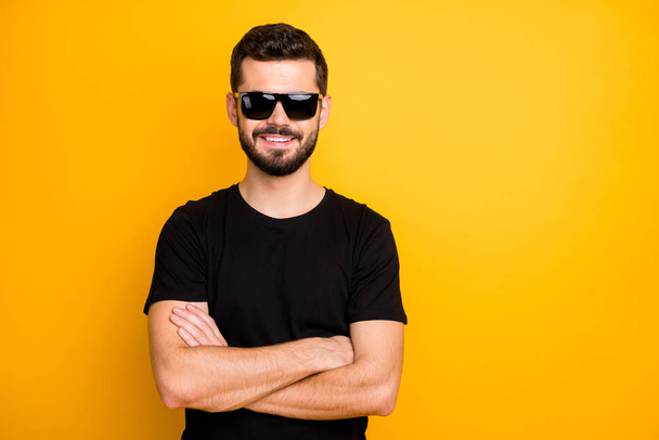 Portrait of positive cheerful guy cross hands real freelancer entrepreneur enjoy rest relax wear good looking outfit black friday isolated over vibrant color background - Фото, изображение