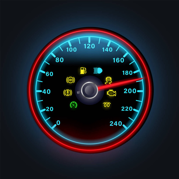 Velocímetro digital de néon brilhante com indicadores de painel de luz, ícones de aviso amarelo do motor, gasolina, ponto de exclamação, abs, ilustração vetorial
. - Vetor, Imagem