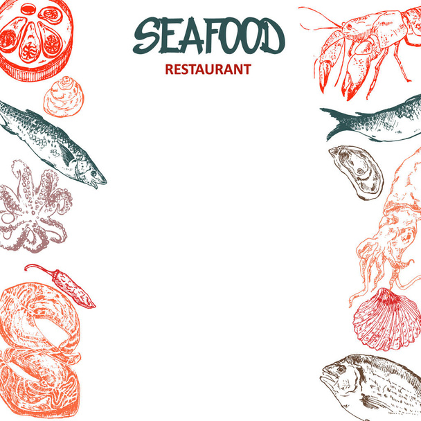 Seafood asian cuisine menu sketch isolated on white vector illustration. Fish and sea food cuisine frame menu restaurant or cafe. Seafood sketch menu. - ベクター画像