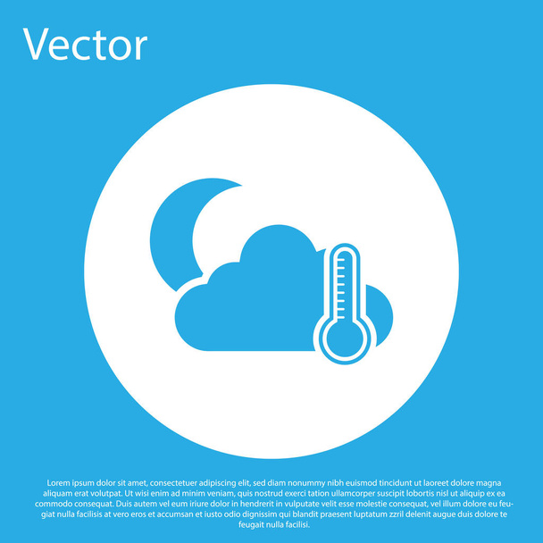 Blauwe thermometer en wolk met maan pictogram geïsoleerd op blauwe achtergrond. Witte cirkel knop. Vector Illustratie - Vector, afbeelding