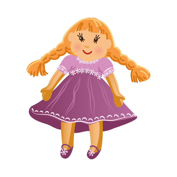 Cute happy smiling blonde girl doll with two long braids in the purple dress. Vector illustration in flat cartoon style. - Vector, Image