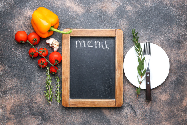 Blank menu and products on grunge background - Photo, Image